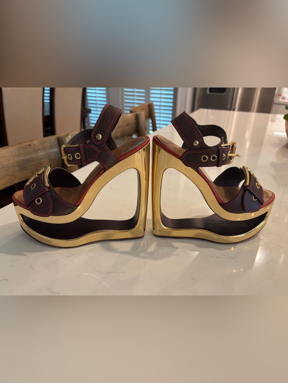 GIUSEPPE ZANOTTI “Bloc” sandals with gold wedge heel. Size 35 or U.S. 5. SO FUN!